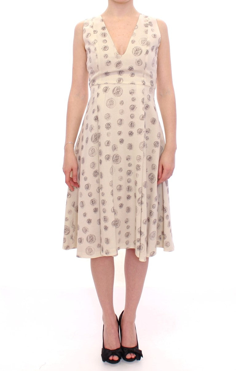 Elegant White Wool Shift Dress with Gray Print - SEHABRANDS