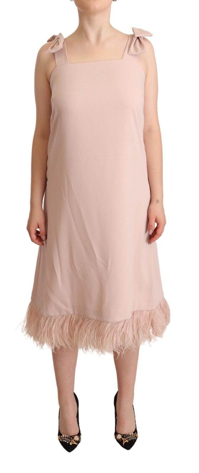 Chic Sleeveless Midi Dress with Feather Trim - SEHABRANDS