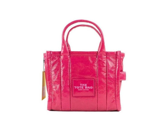 The Shiny Crinkle Mini Tote Magenta Leather Crossbody Handbag Purse - SEHABRANDS