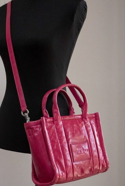 The Shiny Crinkle Mini Tote Magenta Leather Crossbody Handbag Purse - SEHABRANDS