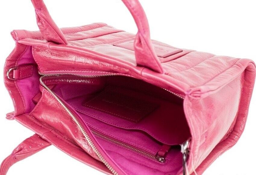 The Shiny Crinkle Mini Tote Magenta Leather Crossbody Handbag Purse - SEHABRANDS