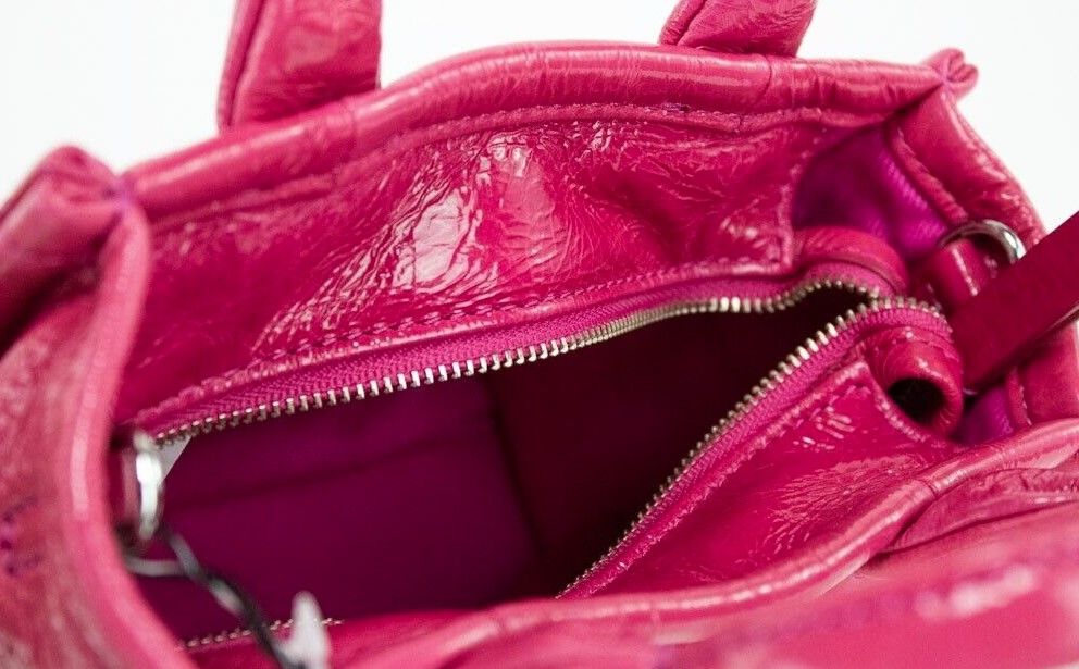 The Shiny Crinkle Micro Tote Magenta Leather Crossbody Bag Handbag - SEHABRANDS