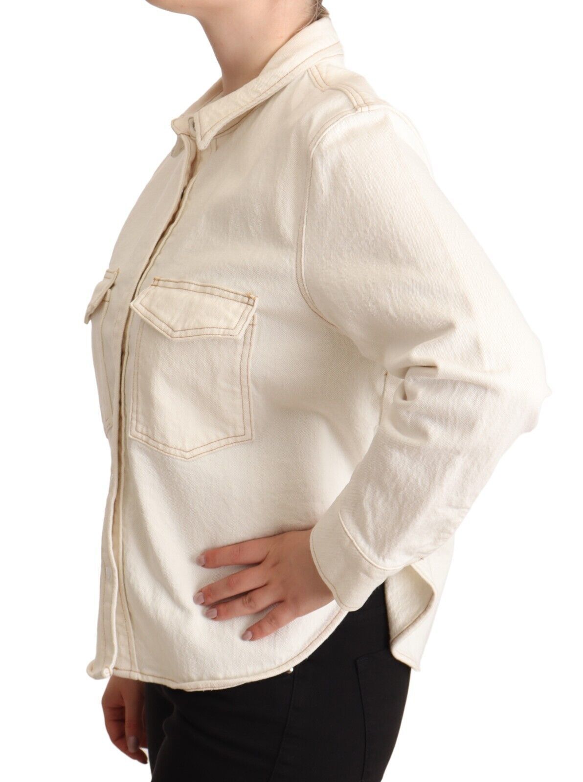 Elegant White Long Sleeve Collared Polo Top - SEHABRANDS