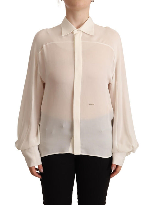 Elegant Off White Silk Long Sleeve Blouse - SEHABRANDS