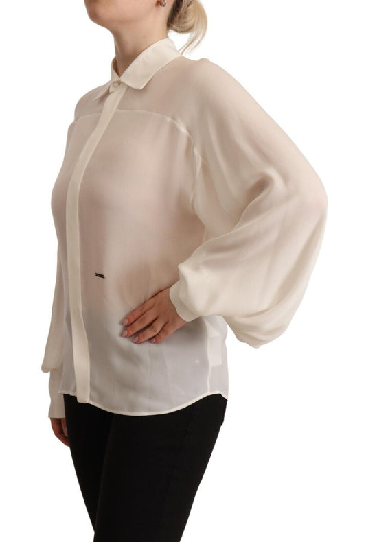 Elegant Off White Silk Long Sleeve Blouse - SEHABRANDS