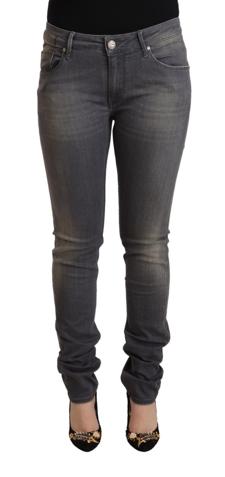 Elegant Dark Gray Skinny Jeans - Low Waist Zip Closure - SEHABRANDS