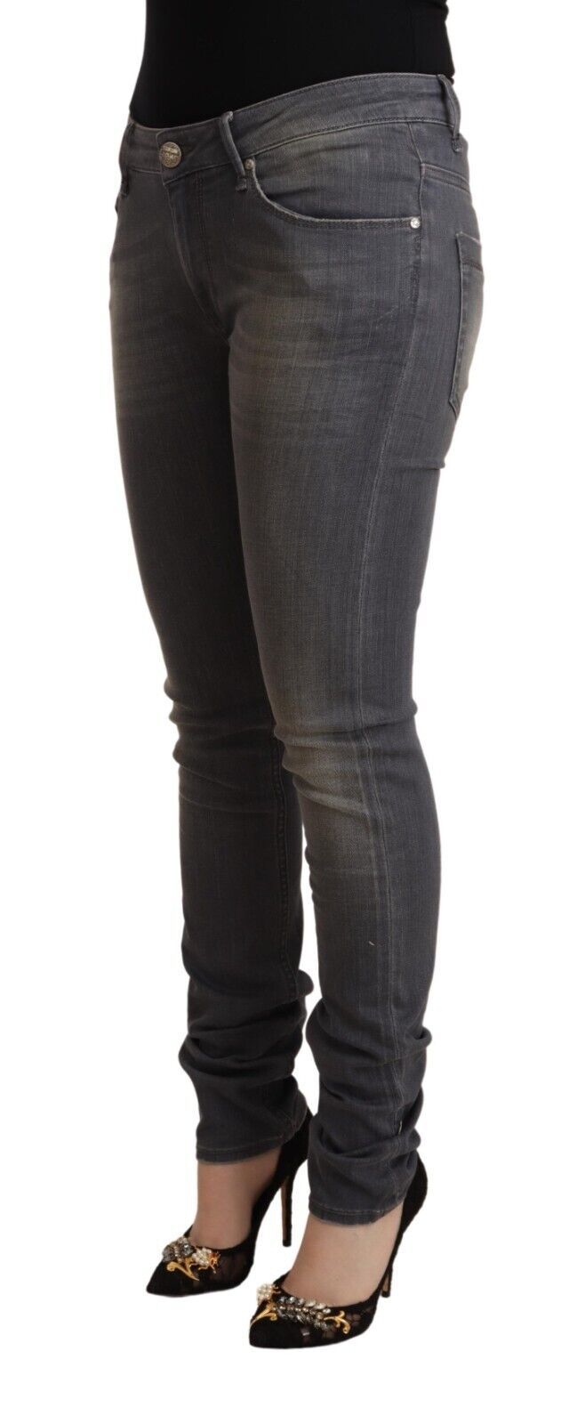 Elegant Dark Gray Skinny Jeans - Low Waist Zip Closure - SEHABRANDS