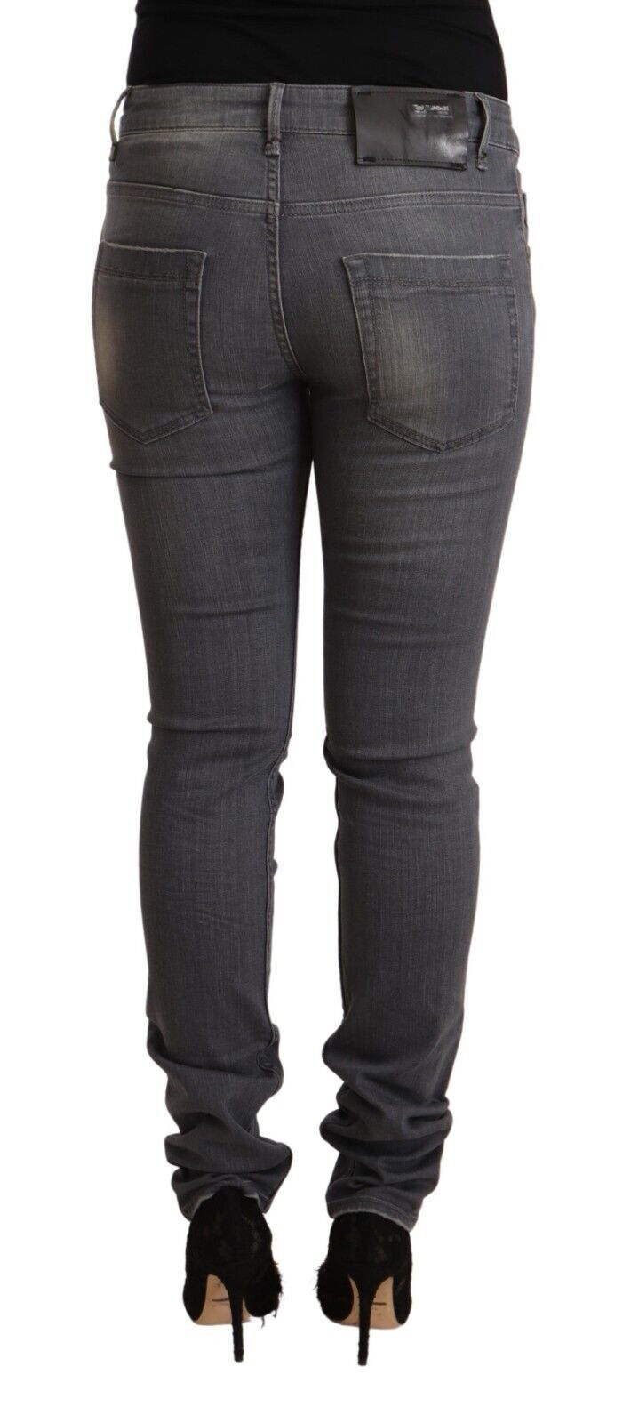 Elegant Dark Gray Skinny Jeans - Low Waist Zip Closure - SEHABRANDS