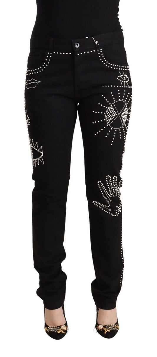 Embellished Black Mid-Waist Denim - SEHABRANDS