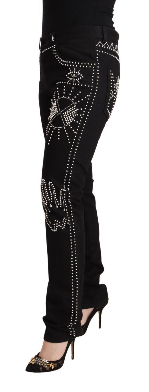 Embellished Black Mid-Waist Denim - SEHABRANDS