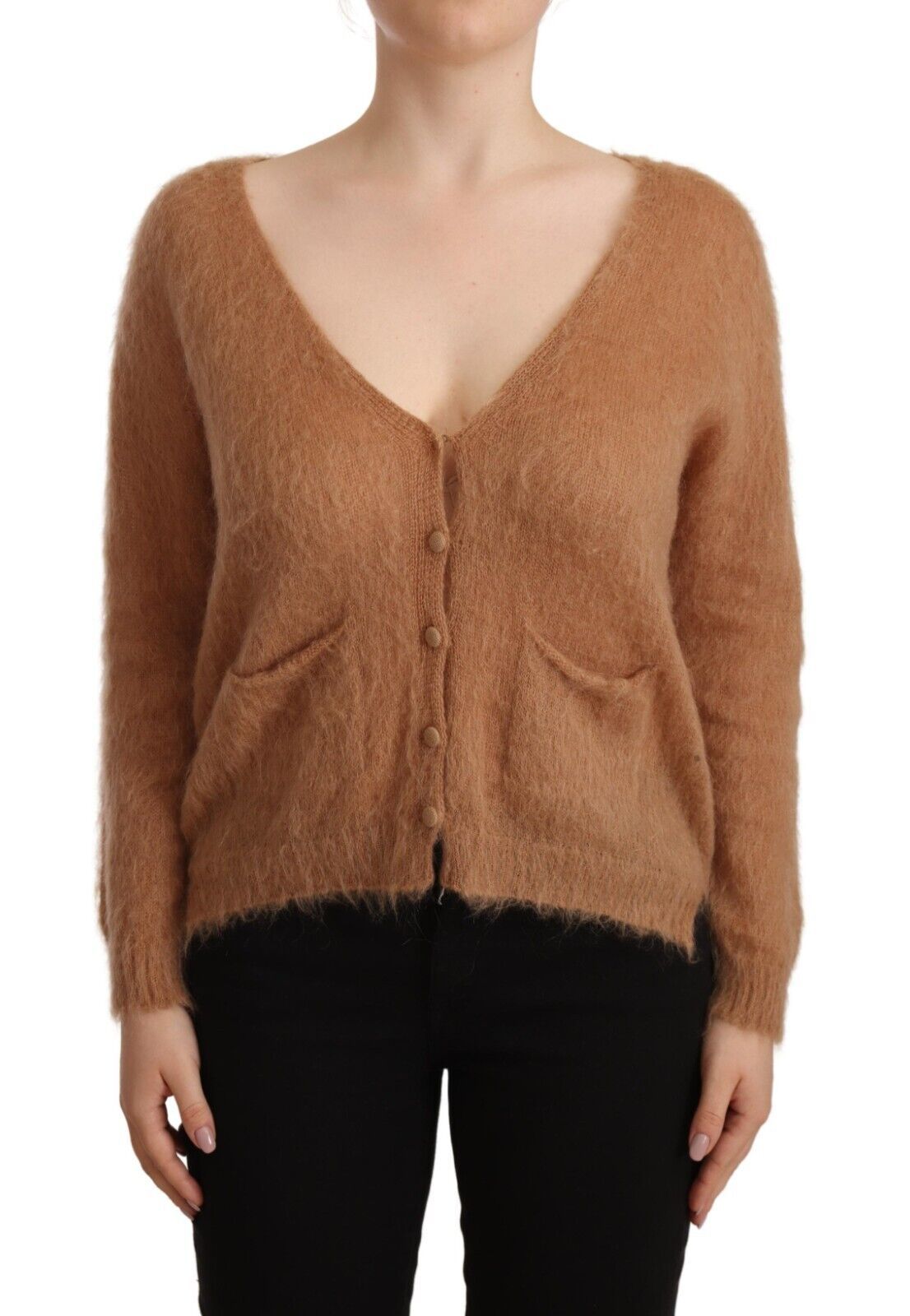 Chic Brown Knit Cardigan with Front Button Closure - SEHABRANDS