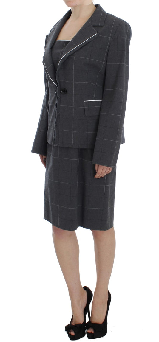 Elegant Gray Checkered Sheath Suit Set - SEHABRANDS