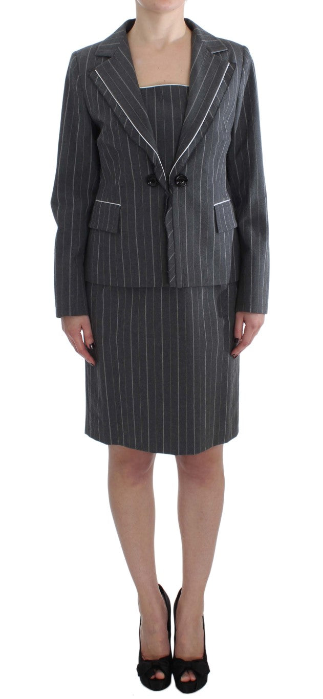 Elegant Gray Striped Dress & Blazer Suit Set - SEHABRANDS