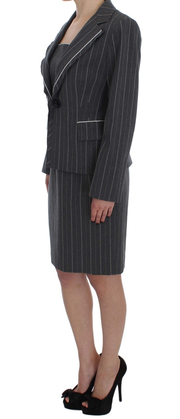 Elegant Gray Striped Dress & Blazer Suit Set - SEHABRANDS