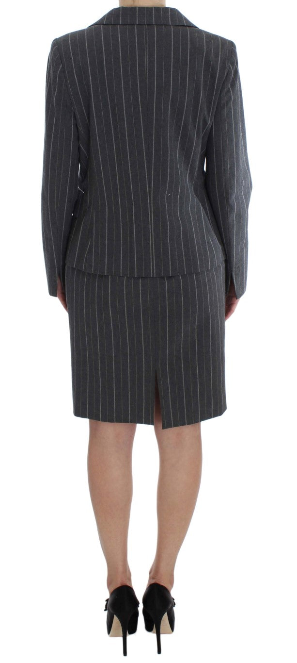 Elegant Gray Striped Dress & Blazer Suit Set - SEHABRANDS