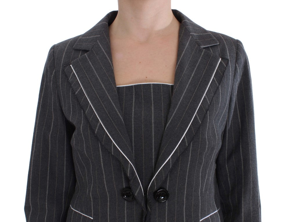 Elegant Gray Striped Dress & Blazer Suit Set - SEHABRANDS