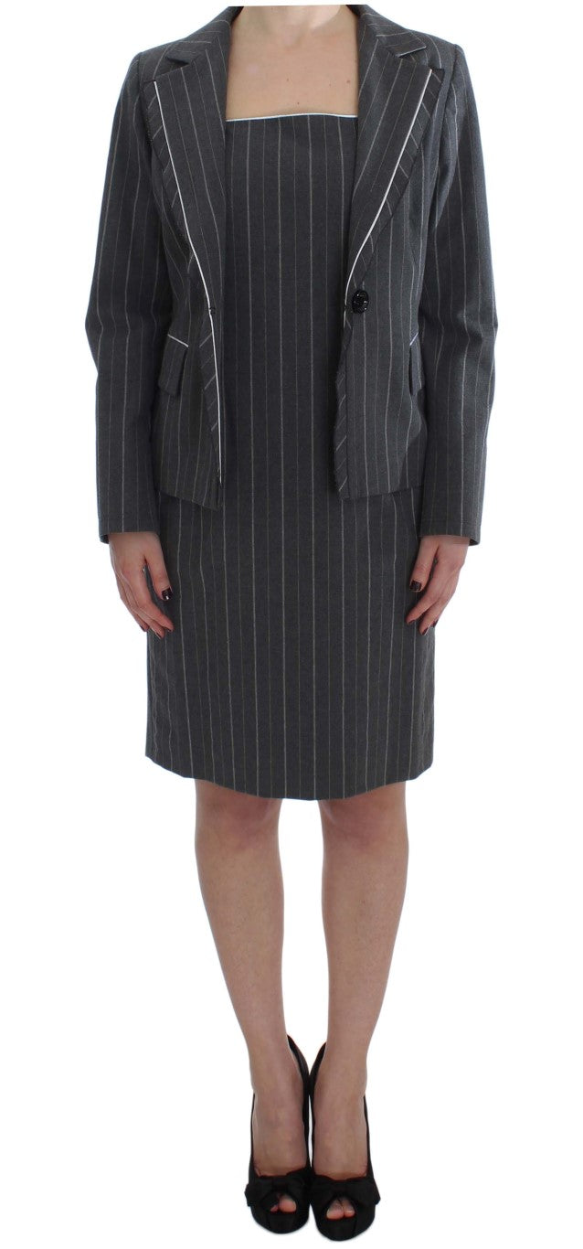 Elegant Gray Striped Dress & Blazer Suit Set - SEHABRANDS