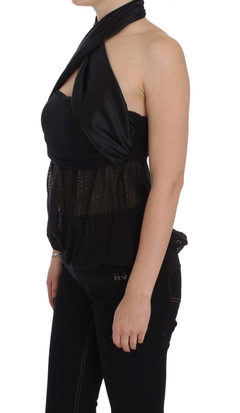 Elegant Black Evening Wrap Top Blouse - SEHABRANDS