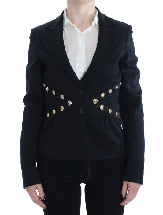 Chic Black Stretch Blazer with Gold Button Detail - SEHABRANDS