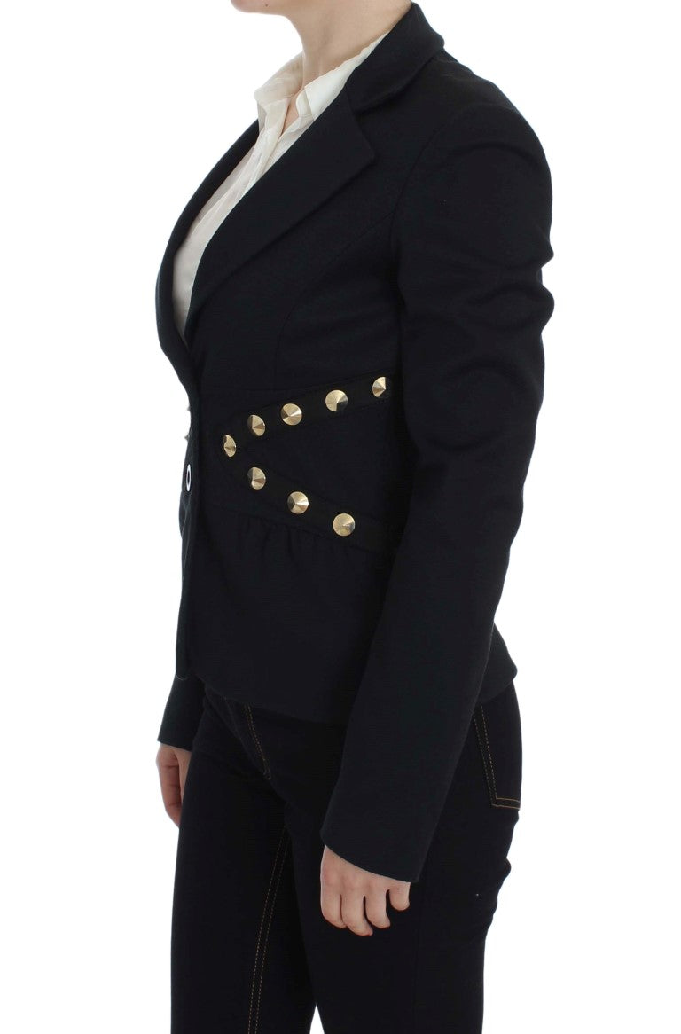 Chic Black Stretch Blazer with Gold Button Detail - SEHABRANDS