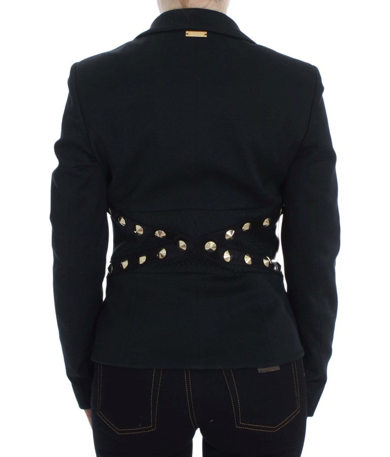 Chic Black Stretch Blazer with Gold Button Detail - SEHABRANDS