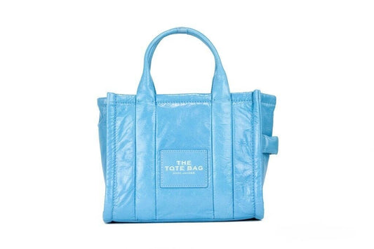 The Shiny Crinkle Mini Tote Air Blue Leather Crossbody Handbag Purse - SEHABRANDS