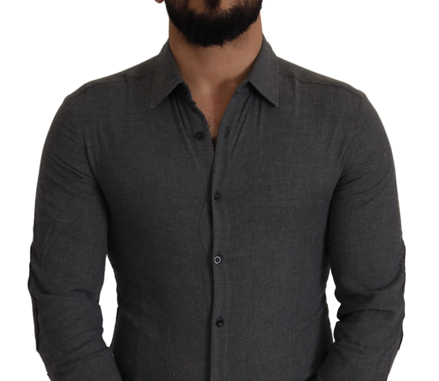 Sleek Gray Cotton Casual Button Front Shirt - SEHABRANDS