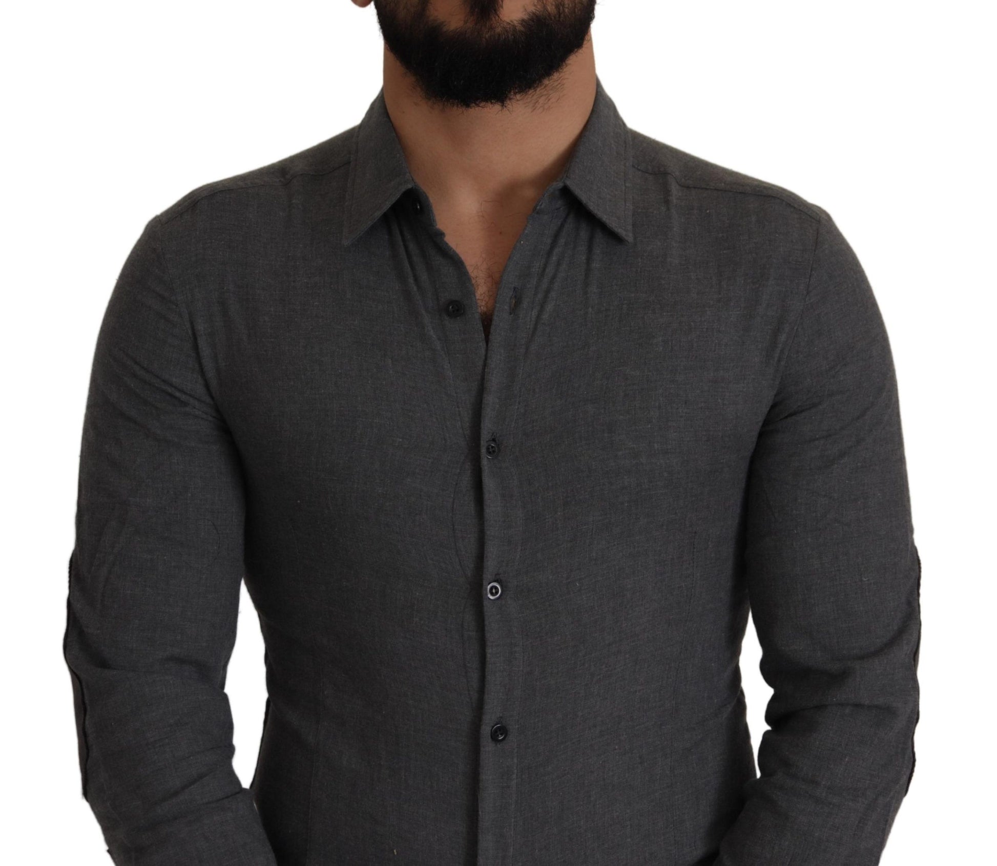 Sleek Gray Cotton Casual Button Front Shirt - SEHABRANDS