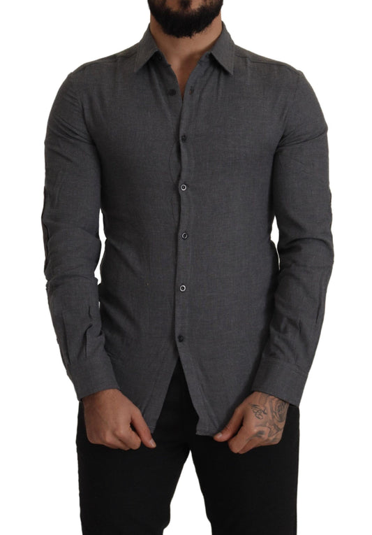 Sleek Gray Cotton Casual Button Front Shirt - SEHABRANDS