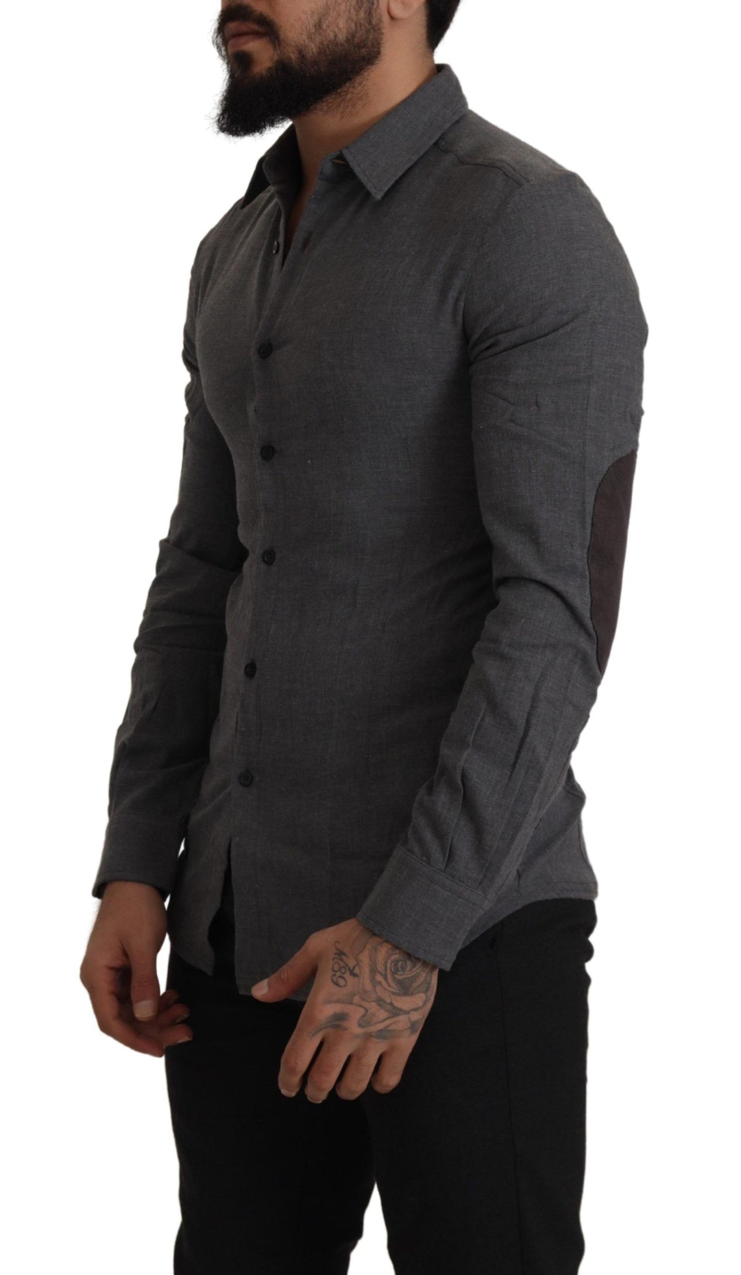 Sleek Gray Cotton Casual Button Front Shirt - SEHABRANDS