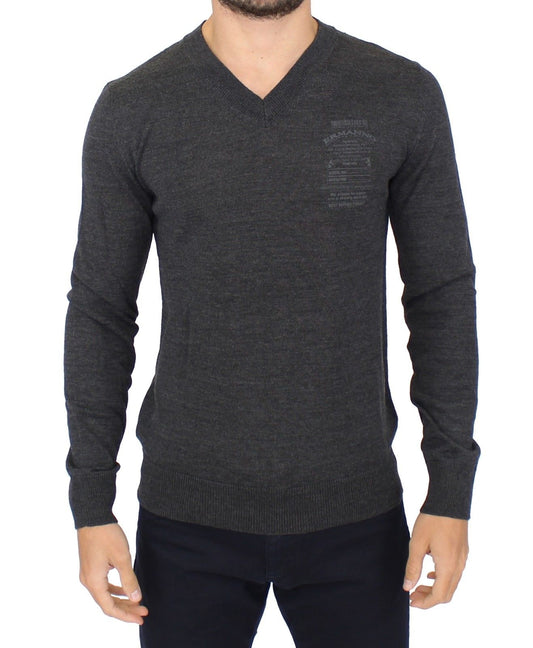 Chic Gray V-Neck Wool Blend Pullover Sweater - SEHABRANDS