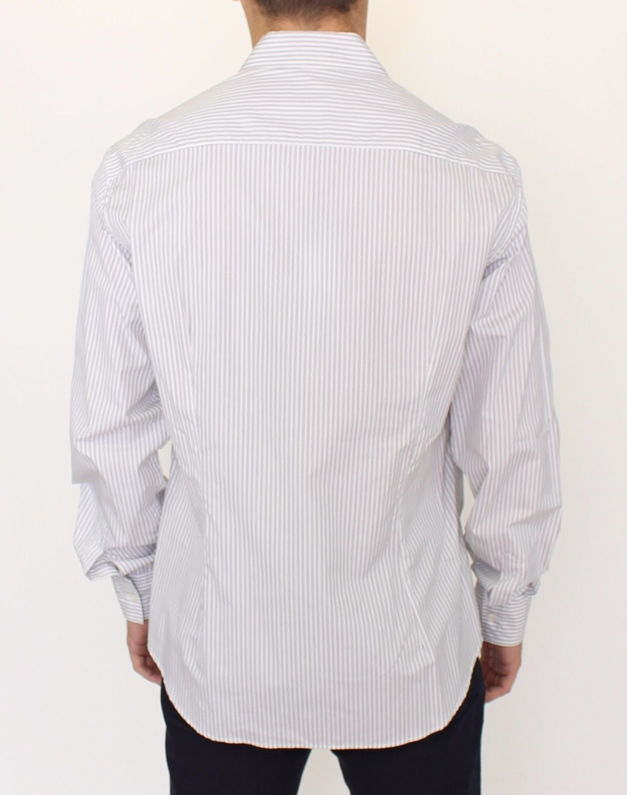 Elegant White and Gray Striped Cotton Shirt - SEHABRANDS