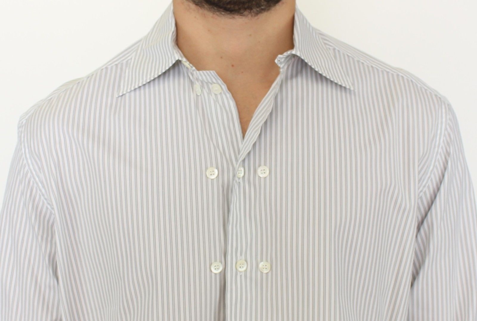 Elegant White and Gray Striped Cotton Shirt - SEHABRANDS