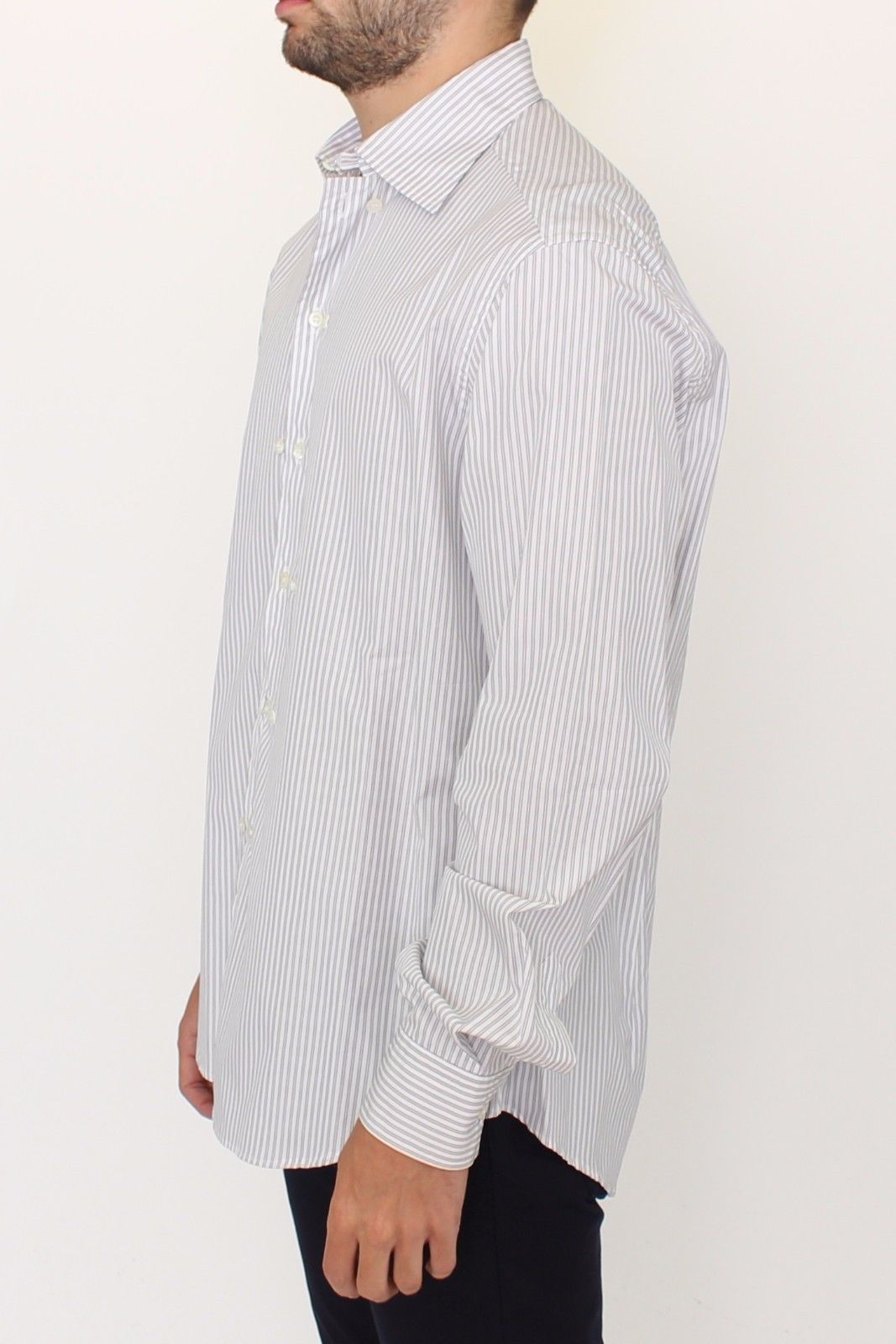 Elegant White and Gray Striped Cotton Shirt - SEHABRANDS