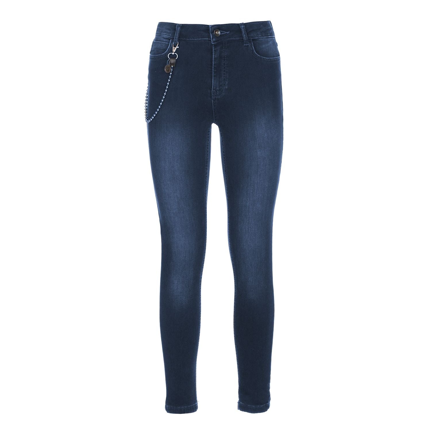 Chic Lightly Washed Blue Slim-Fit Jeans with Chain Detail - SEHABRANDS