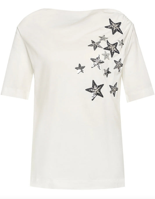 Elegant White Cotton Tee with Rhinestone Accents - SEHABRANDS