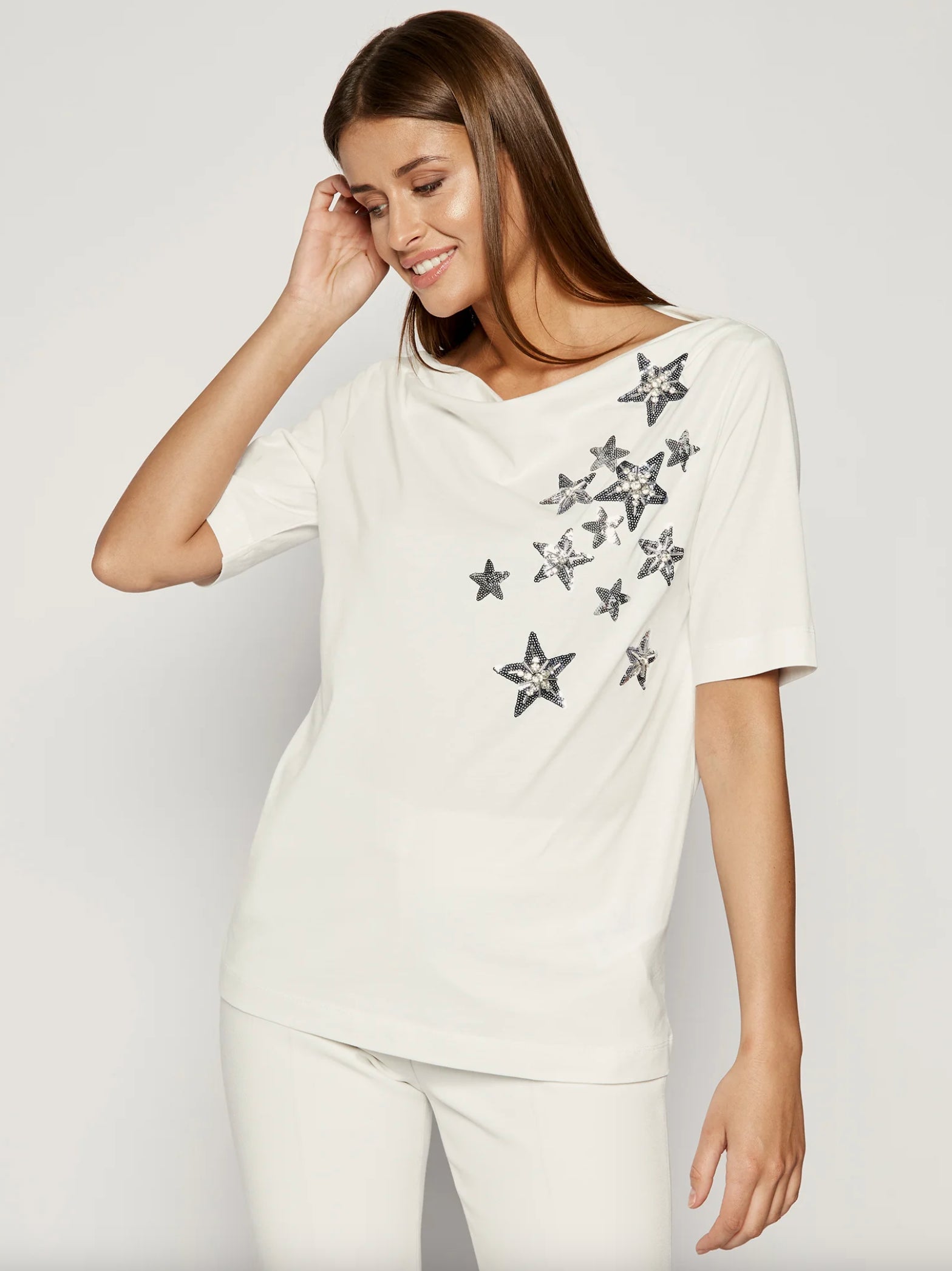 Elegant White Cotton Tee with Rhinestone Accents - SEHABRANDS