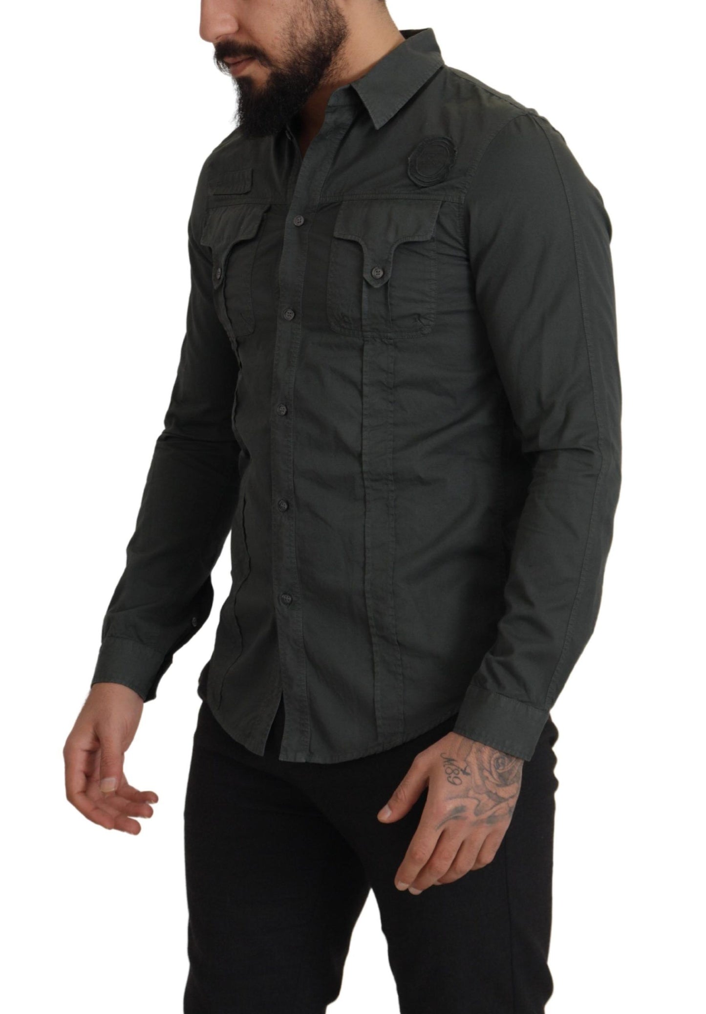 Sleek Dark Gray Cotton Casual Shirt - SEHABRANDS