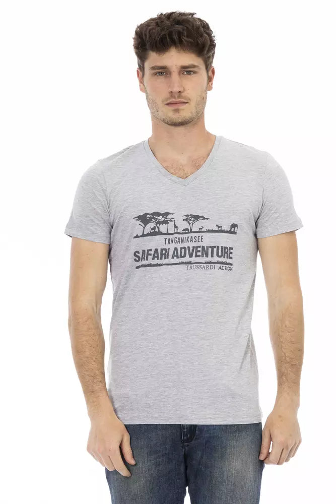 Gray Cotton Men V-Neck T-Shirt - SEHABRANDS