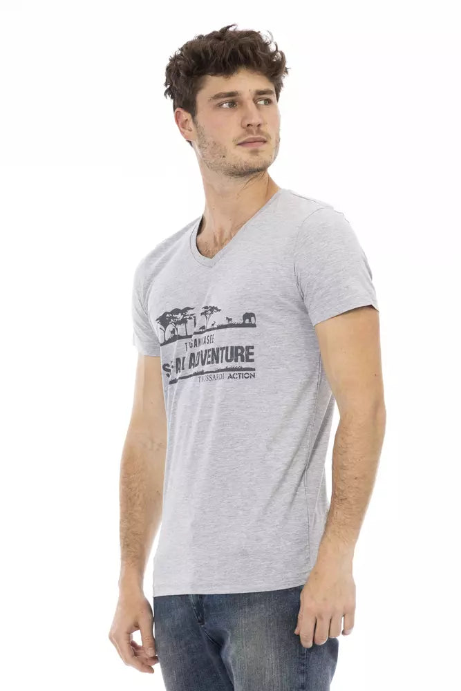 Gray Cotton Men V-Neck T-Shirt - SEHABRANDS