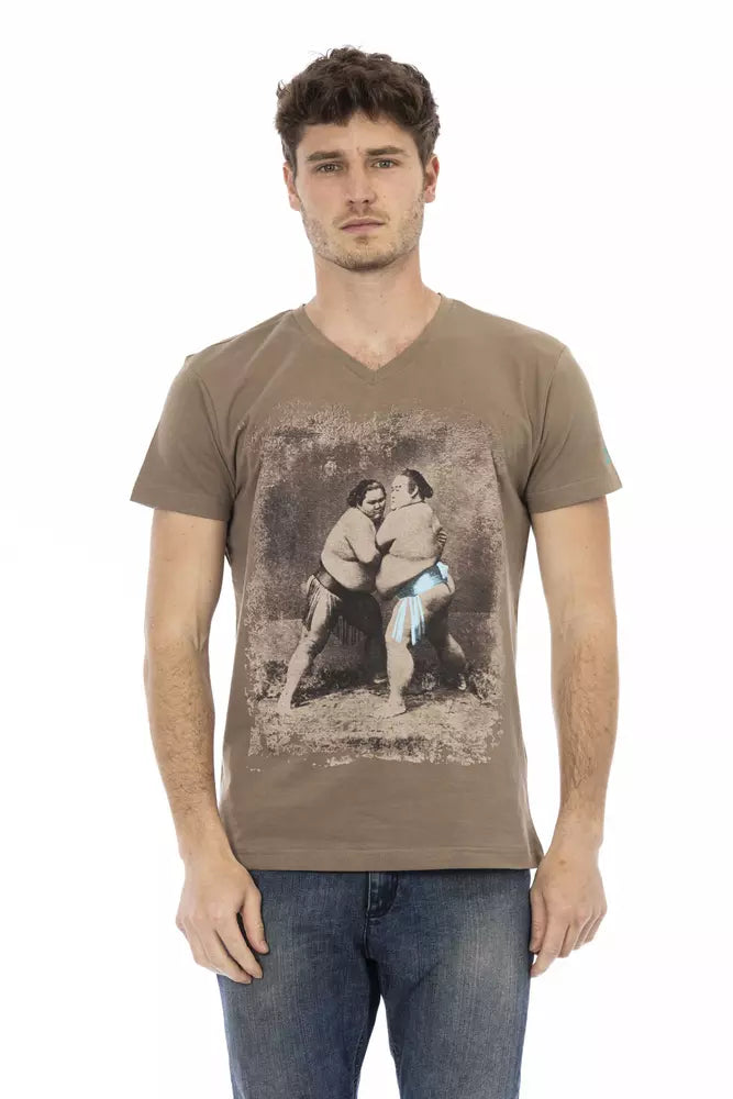 Brown Cotton Men's V-Neck T-Shirt - SEHABRANDS