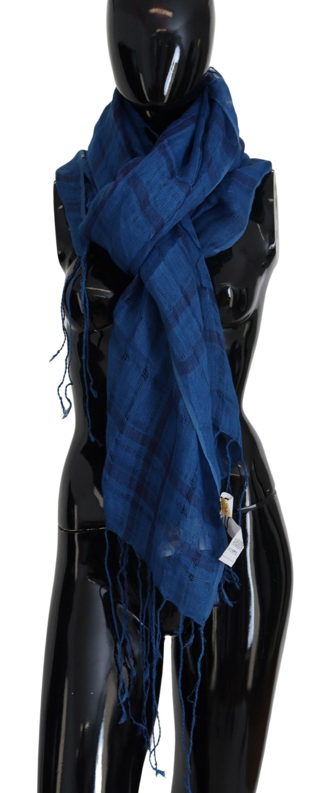 Chic Linen Fringed Scarf in Blue Checkered - SEHABRANDS