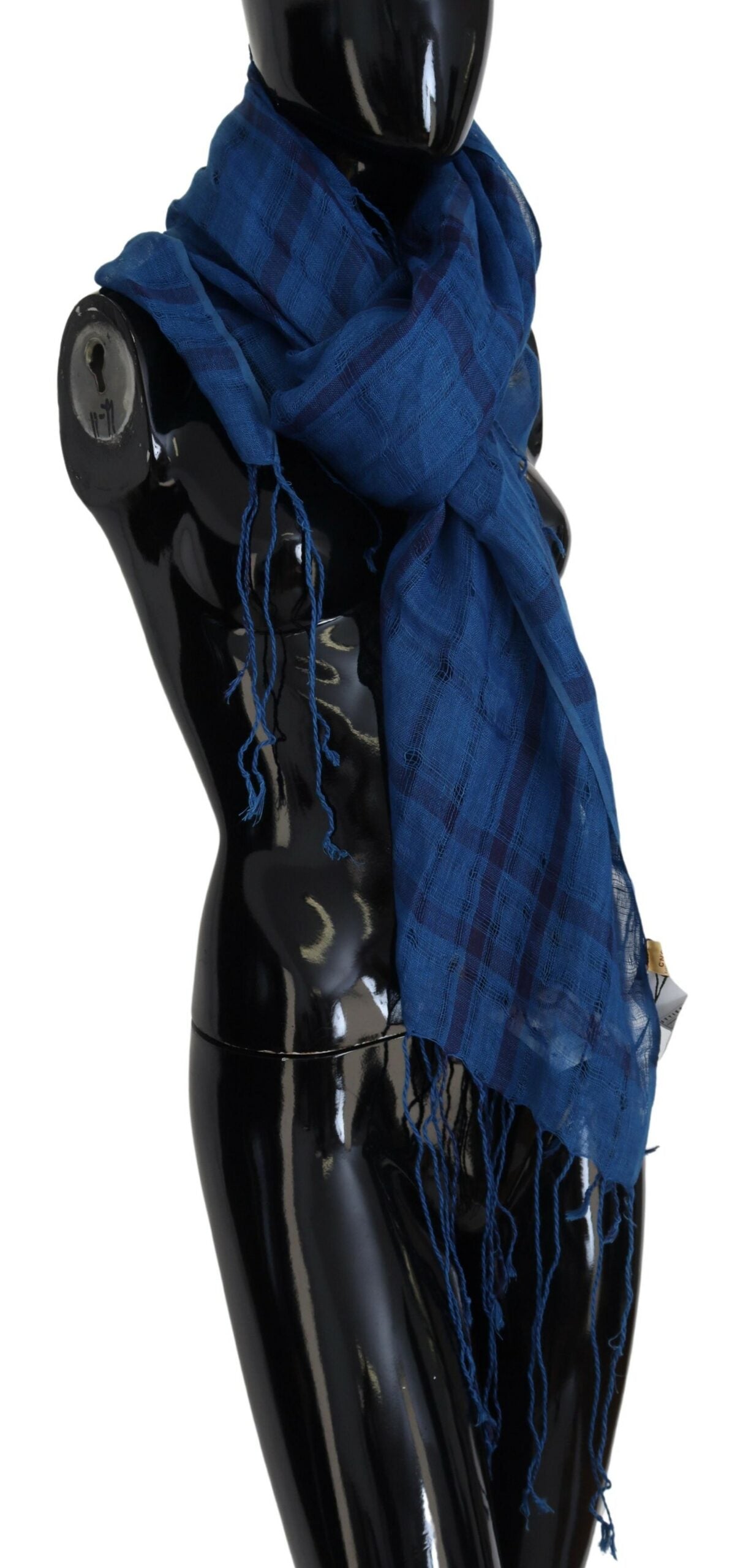 Chic Linen Fringed Scarf in Blue Checkered - SEHABRANDS