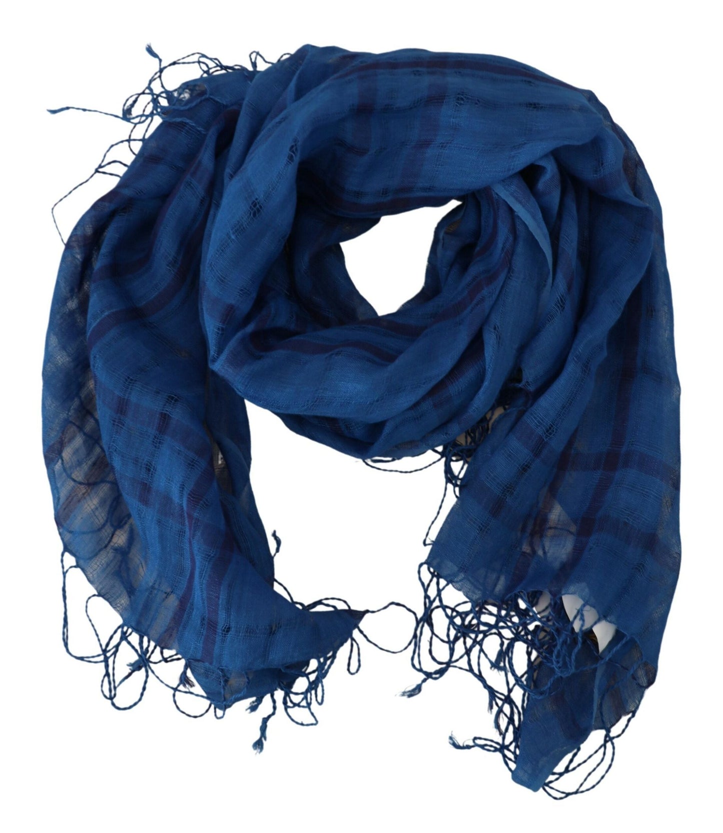 Chic Linen Fringed Scarf in Blue Checkered - SEHABRANDS