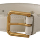 Dolce & Gabbana Chic White Leather Belt with Gold Engraved Buckle