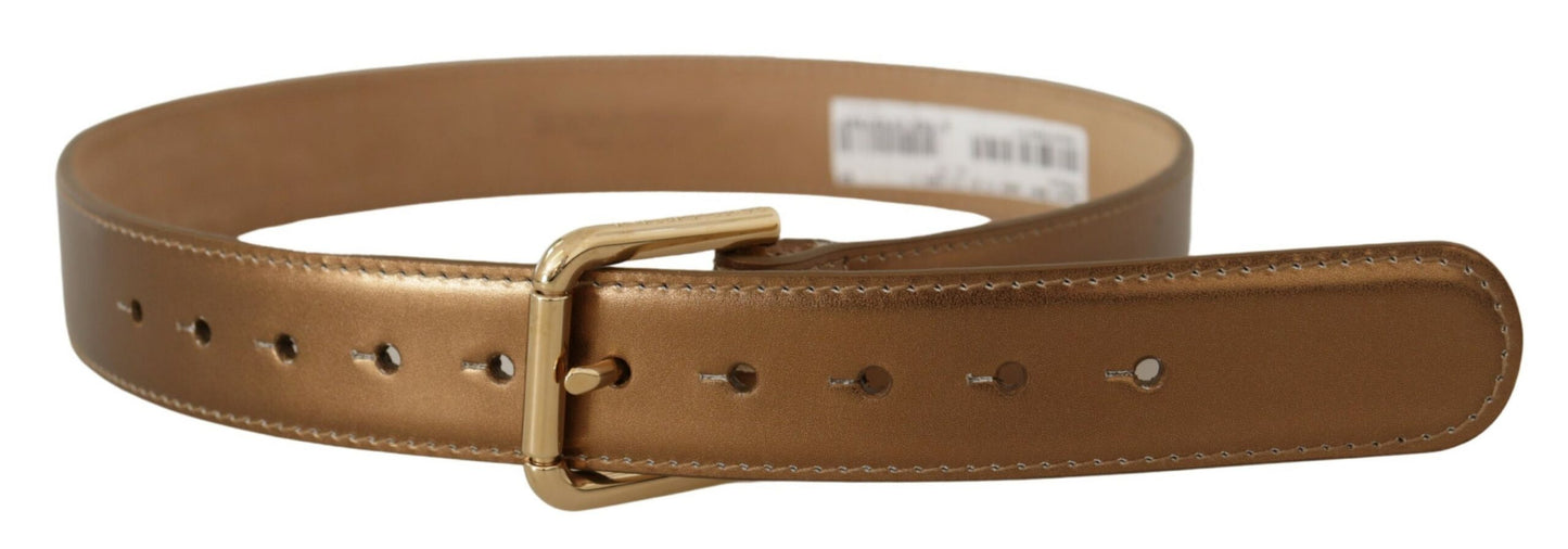 Dolce & Gabbana Bronze Leather Belt with Gold-Toned Buckle