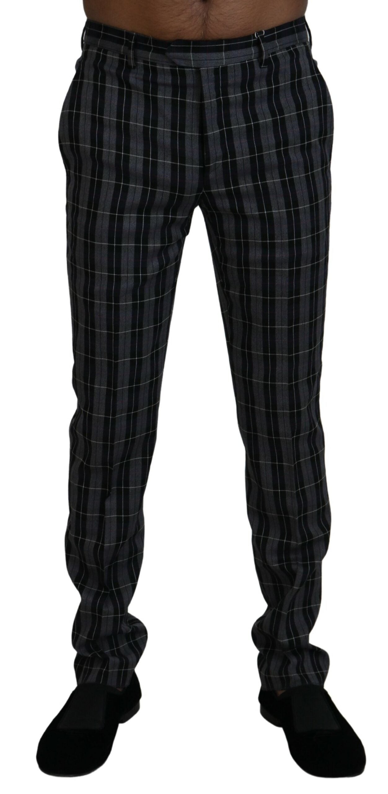 Elegant Gray Checkered Wool Chino Pants - SEHABRANDS