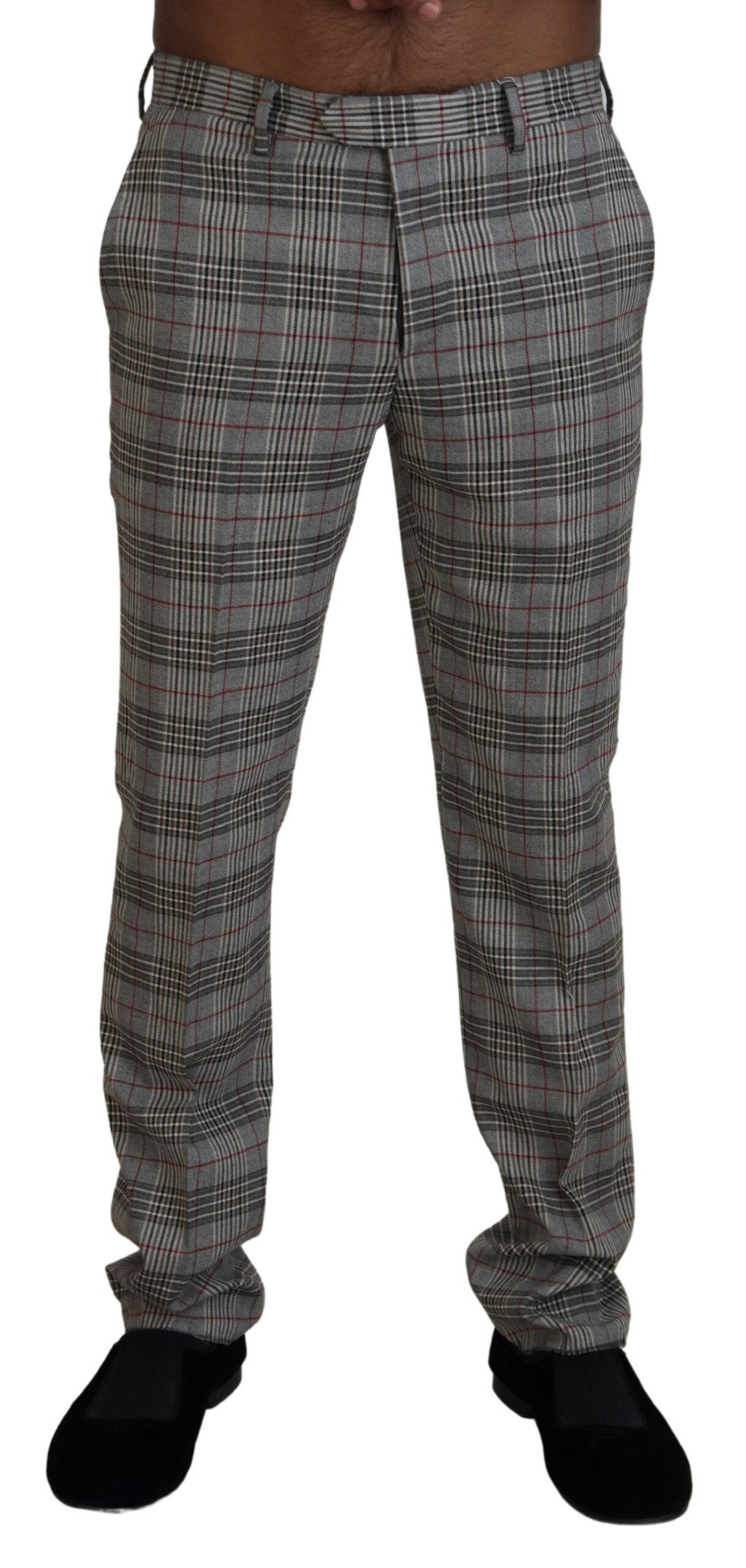 Elegant Gray Checkered Slim Men's Pants - SEHABRANDS