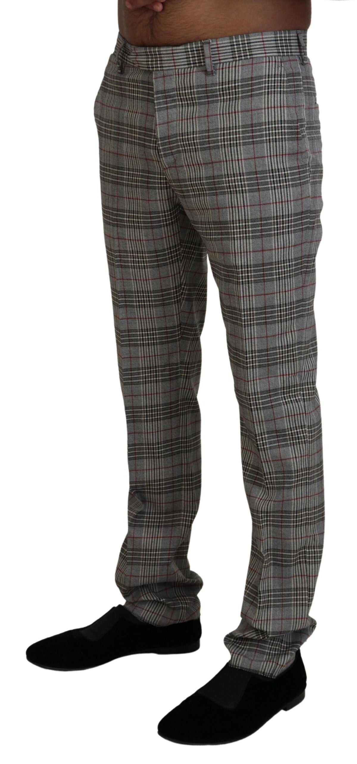 Elegant Gray Checkered Slim Men's Pants - SEHABRANDS