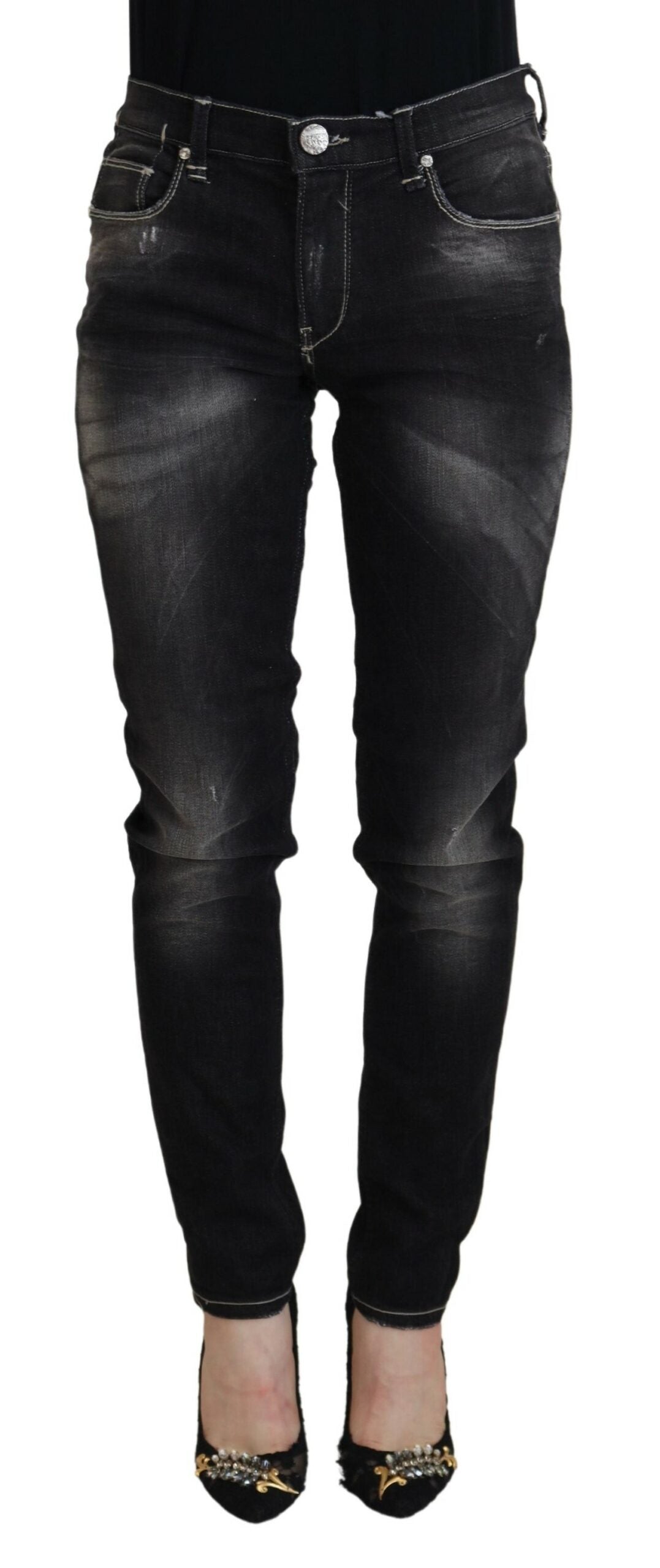 Elegant Tapered Mid Waist Black Jeans - SEHABRANDS